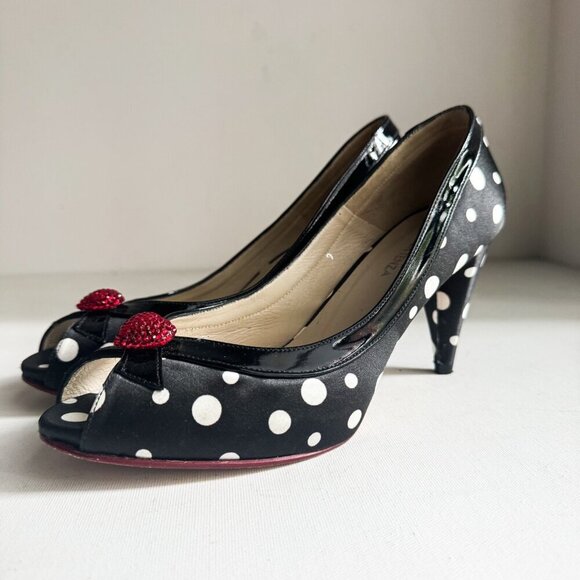 Ramon Tanza Black White Polka Dots Heart Detail PIn up Heels 9M - Picture 5 of 11